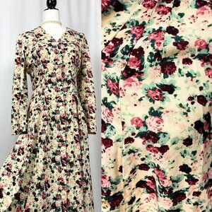 Vintage 90s cream floral rose grunge button up midi fit and flare dress medium